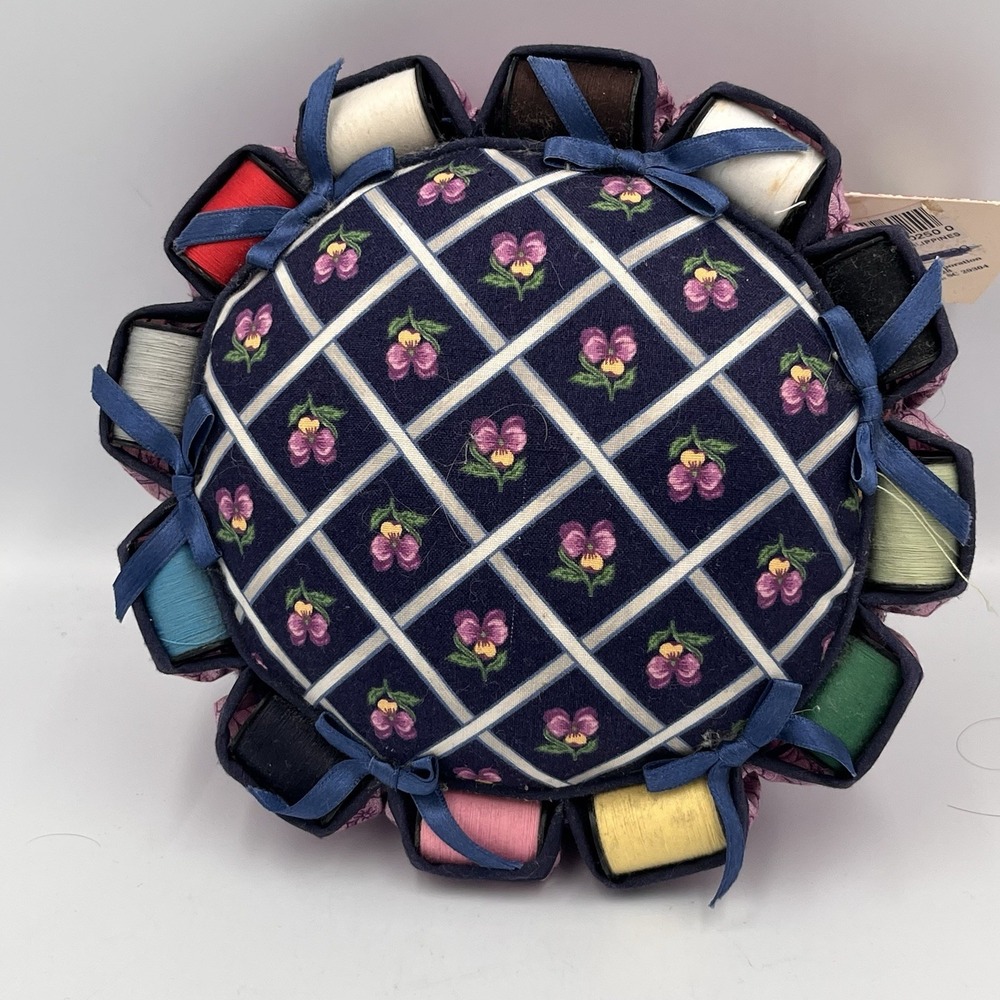 Vintage Handmade Large Round Pincushion w/Attached Ring of 12 Thread Spools 7.5"